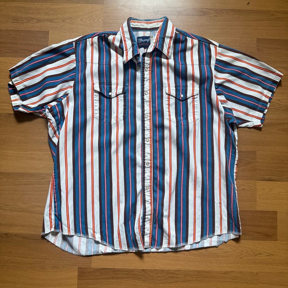 Men's Vintage Wrangler Western White Striped Pearl Snap Short Sleeve Shirt Sz XL